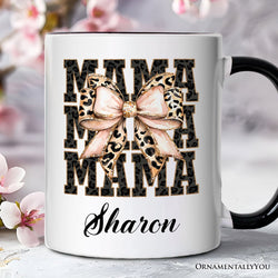 Glitter Leopard Mama Personalized Mug, Coquette Bow Glam Gift with Custom Name