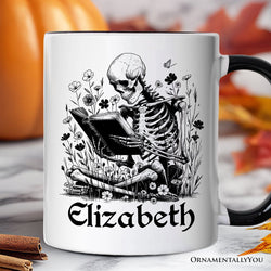 Gothic Reading Skeleton Personalized Mug, Floral Halloween Gift with Custom Name