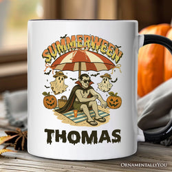 Summerween Vampire Dracula Personalized Mug, Retro Halloween Beach Gift with Custom Name for Horror Spooky Summer Season