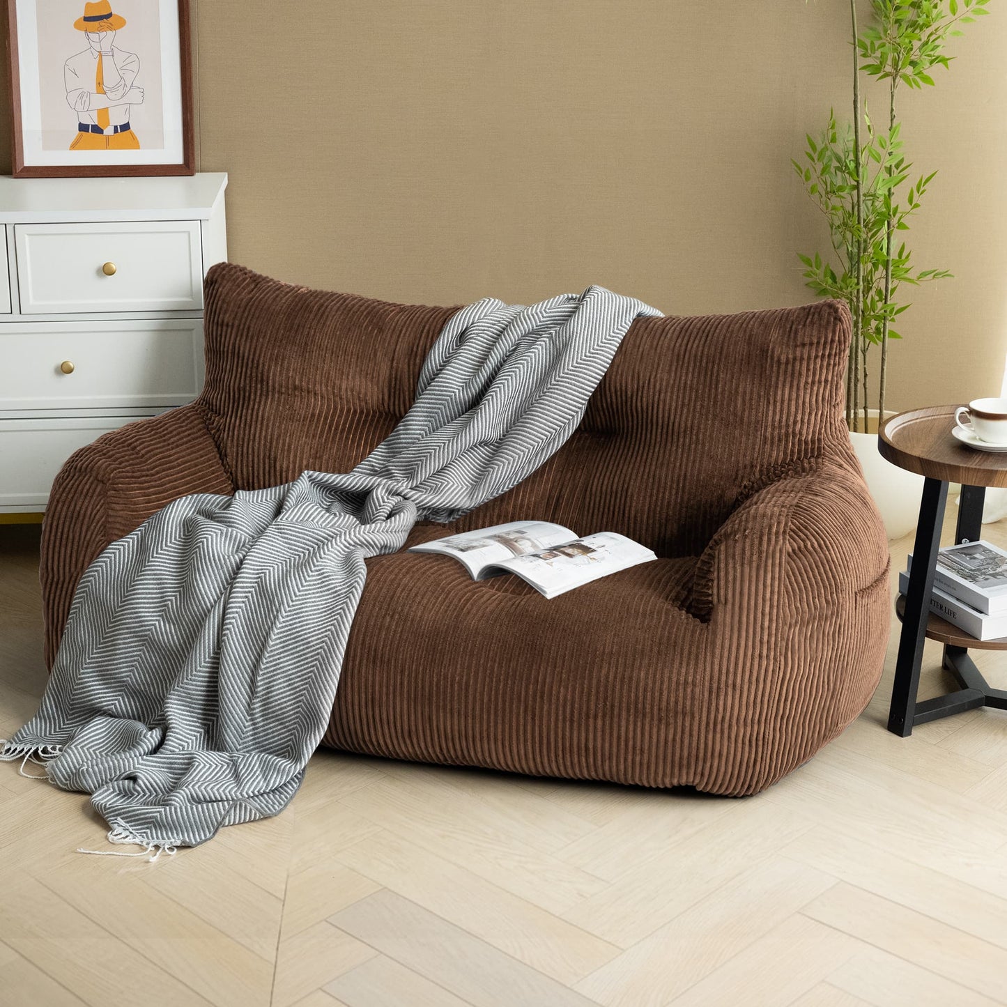 2-Person Bean Bag Sofa Chair, 63" Wide Corduroy with Memory Foam