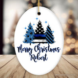 Personalized Police Officer Back The Blue Merry Christmas Trees Ornament, Retirement Gift
