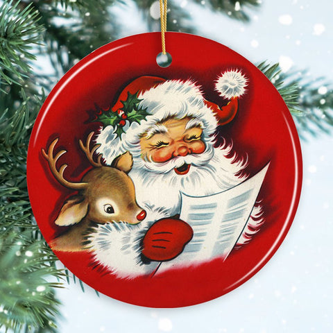 Santa and Baby Reindeer Singing a Christmas Carol Ornament