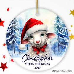 Sheep with Santa Hat Personalized Ornament, Winter Forest Christmas Gift With Custom Name and Date
