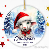 Sheep with Santa Hat Personalized Ornament, Winter Forest Christmas Gift With Custom Name and Date