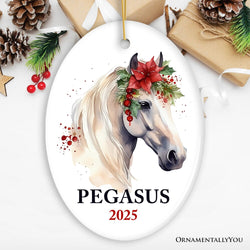 White Horse Personalized Ornament, Watercolor Artistic Christmas Gift With Custom Name and Date