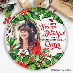 Deceased Family Wreath Portrait Personalized Ornament, Heaven is a Beautiful Place Quote with Cardinal Art
