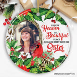 Deceased Family Wreath Portrait Personalized Ornament, Heaven is a Beautiful Place Quote with Cardinal Art