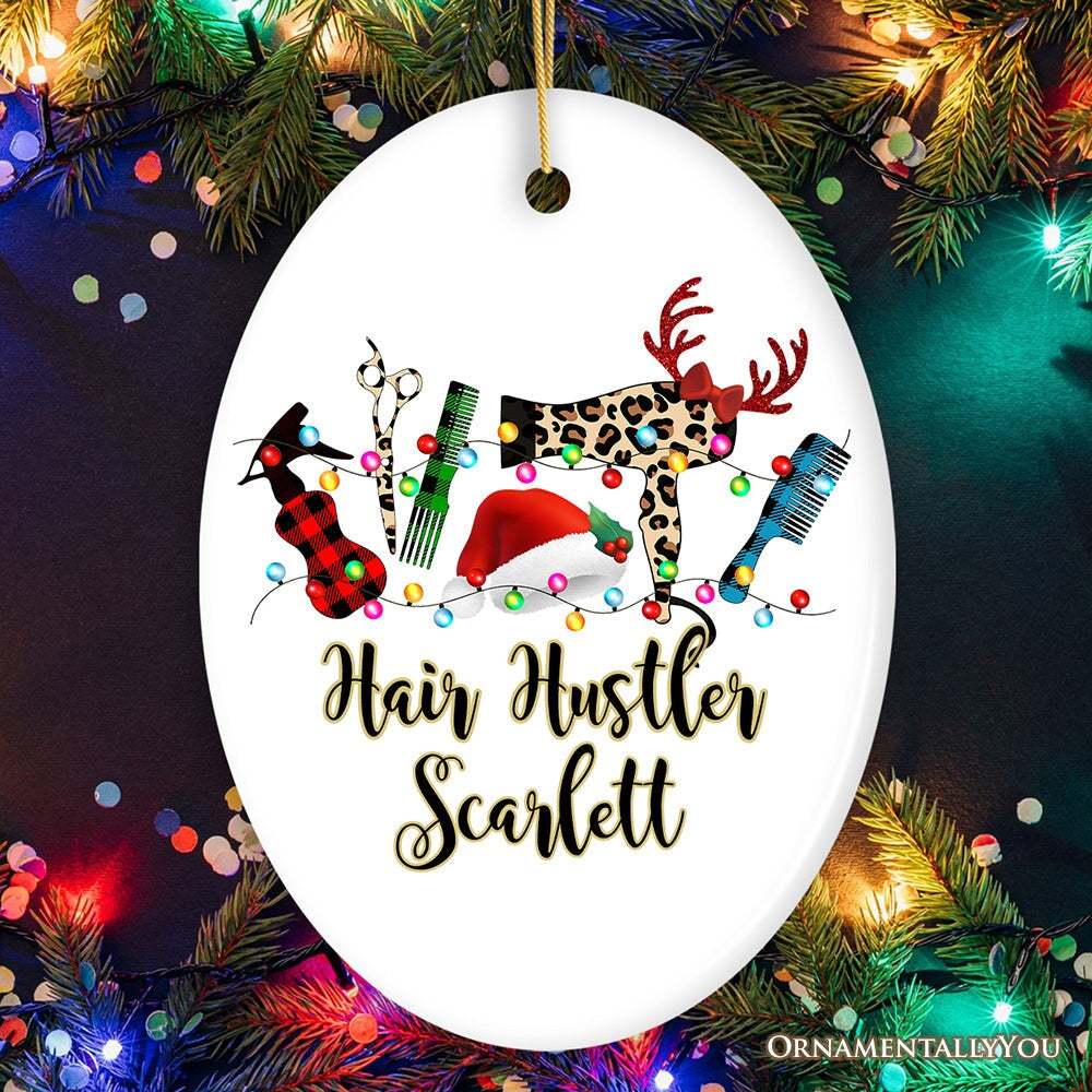Personalized Hair Stylist Buffalo Plaid Leopard Merry Christmas Ornament, Hair Hustler Gift