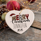 Merry Christmas Leopard Buffalo Plaid Personalized Ornament, Holiday Family Gift