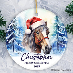 Horse with Santa Hat Personalized Ornament, Winter Forest Christmas Gift With Custom Name and Date