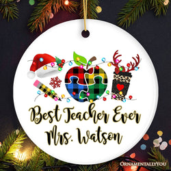 Personalized Autism Teacher Buffalo Plaid Leopard Merry Christmas Ornament, Thank You Gift