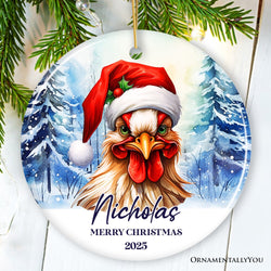 Rooster with Santa Hat Personalized Ornament Winter Forest Christmas Gift With Custom Name and Date