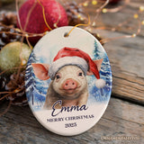 Pig with Santa Hat Personalized Ornament, Winter Forest Christmas Gift With Custom Name and Date