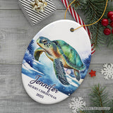 Green Turtle Personalized Ornament, Festive Christmas Gift With Custom Name and Date