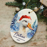 Goose with Santa Hat Personalized Ornament, Winter Forest Christmas Gift With Custom Name and Date
