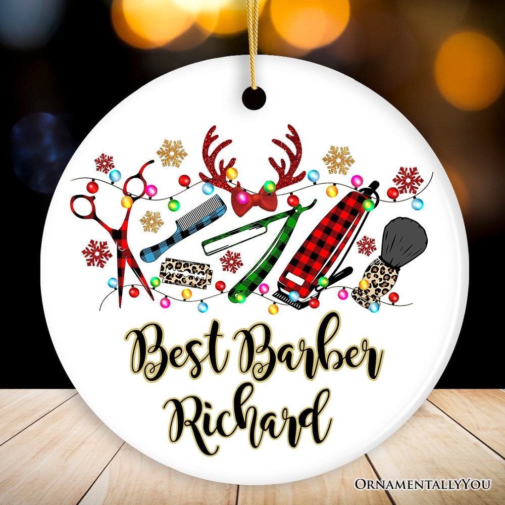 Personalized Barber Buffalo Plaid Leopard Merry Christmas Ornament, Barbershop Gift