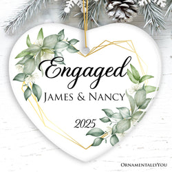 Personalized Engaged Ornament with Heart Flower Frame, Custom Name and Date Gift for Couple