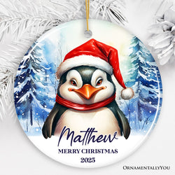 Penguin with Santa Hat Personalized Ornament, Winter Forest Christmas Gift With Custom Name and Date