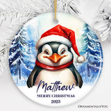 Penguin with Santa Hat Personalized Ornament, Winter Forest Christmas Gift With Custom Name and Date