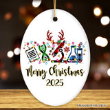 Personalized Science Plaid Christmas Ornament, Gift for Scientist or Researcher, Lab Tools like Flasks and Microscope