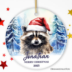 Raccoon with Santa Hat Personalized Ornament, Winter Forest Christmas Gift With Custom Name and Date