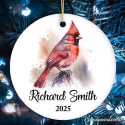 Personalized Artistic Cardinal Watercolor Ornament, Custom Name and Date Gift