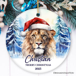 Lion with Santa Hat Personalized Ornament, Winter Forest Christmas Gift With Custom Name and Date