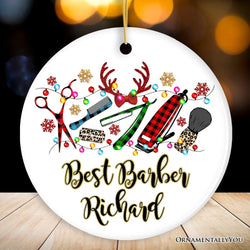 Personalized Barber Buffalo Plaid Leopard Merry Christmas Ornament, Barbershop Gift