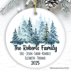 Personalized Family Keepsake Christmas Ornament, Watercolor Winter Forest Trees