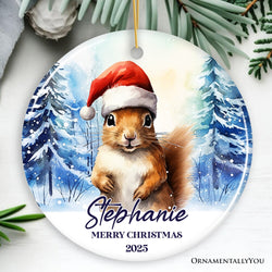 Squirrel with Santa Hat Personalized Ornament, Winter Forest Christmas Gift With Custom Name and Date