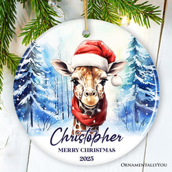 Giraffe with Santa Hat Personalized Ornament, Winter Forest Christmas Gift With Custom Name and Date