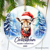 Giraffe with Santa Hat Personalized Ornament, Winter Forest Christmas Gift With Custom Name and Date