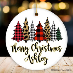 Merry Christmas Buffalo Plaid and Leopard Cheetah Trees Personalized Ornament