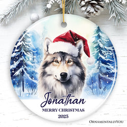 Wolf with Santa Hat Personalized Ornament, Winter Forest Christmas Gift With Custom Name and Date