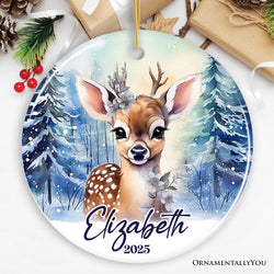 Deer Personalized Ornament, Majestic Winter Forest Christmas Gift With Custom Name and Date