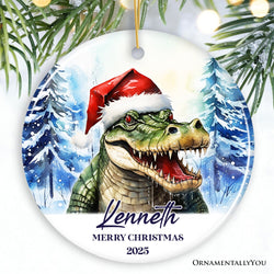 Alligator with Santa Hat Personalized Ornament, Winter Forest Christmas Gift With Custom Name and Date