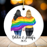 Gay Pride Women Couple with Rainbow Flag Personalized Christmas Ornament, LGBT and Lesbian Activism