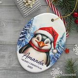 Penguin with Santa Hat Personalized Ornament, Winter Forest Christmas Gift With Custom Name and Date
