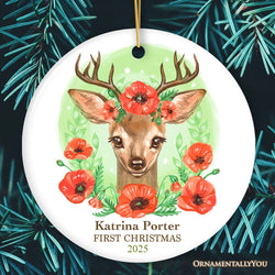 Personalized Baby's First Christmas Fawn Deer Watercolor Christmas Ornament