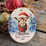 Giraffe with Santa Hat Personalized Ornament, Winter Forest Christmas Gift With Custom Name and Date