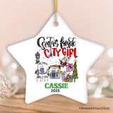 Fashion Santa's Favorite City Girl Personalized Christmas Ornament, Adventurous Urban Lifestyle Custom Gift