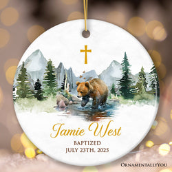 Personalized Baptism Keepsake Ornament for Godson, Watercolor Bear Custom Christening Gift for Goddaughter