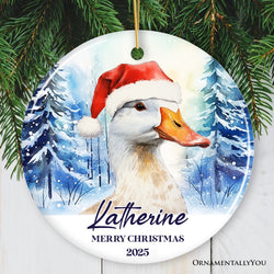 Goose with Santa Hat Personalized Ornament, Winter Forest Christmas Gift With Custom Name and Date