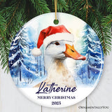 Goose with Santa Hat Personalized Ornament, Winter Forest Christmas Gift With Custom Name and Date