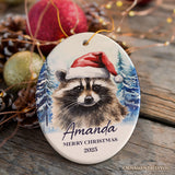 Raccoon with Santa Hat Personalized Ornament, Winter Forest Christmas Gift With Custom Name and Date