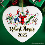 Personalized Buffalo Plaid Hunting Theme Christmas Ornament, Hunter Gift, Red and Green Deer and Gun