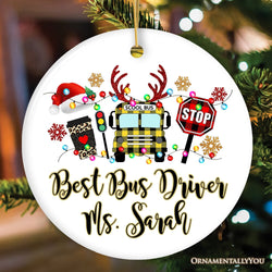 Personalized School Bus Driver Buffalo Plaid Leopard Merry Christmas Ornament Gift
