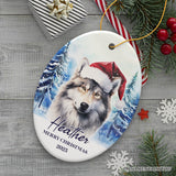 Wolf with Santa Hat Personalized Ornament, Winter Forest Christmas Gift With Custom Name and Date
