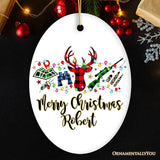 Personalized Buffalo Plaid Hunting Theme Christmas Ornament, Hunter Gift, Red and Green Deer and Gun