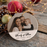 First Christmas Family of Three Personalized Photo Ornament, New Baby Portrait Gift
